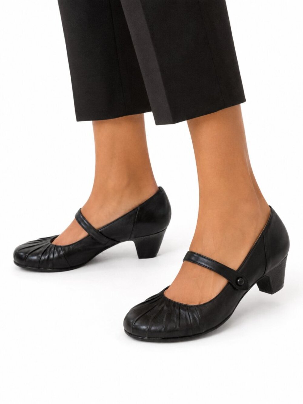 SoftWalk Black Leather Mary Jane Pleated Low Heel Pumps